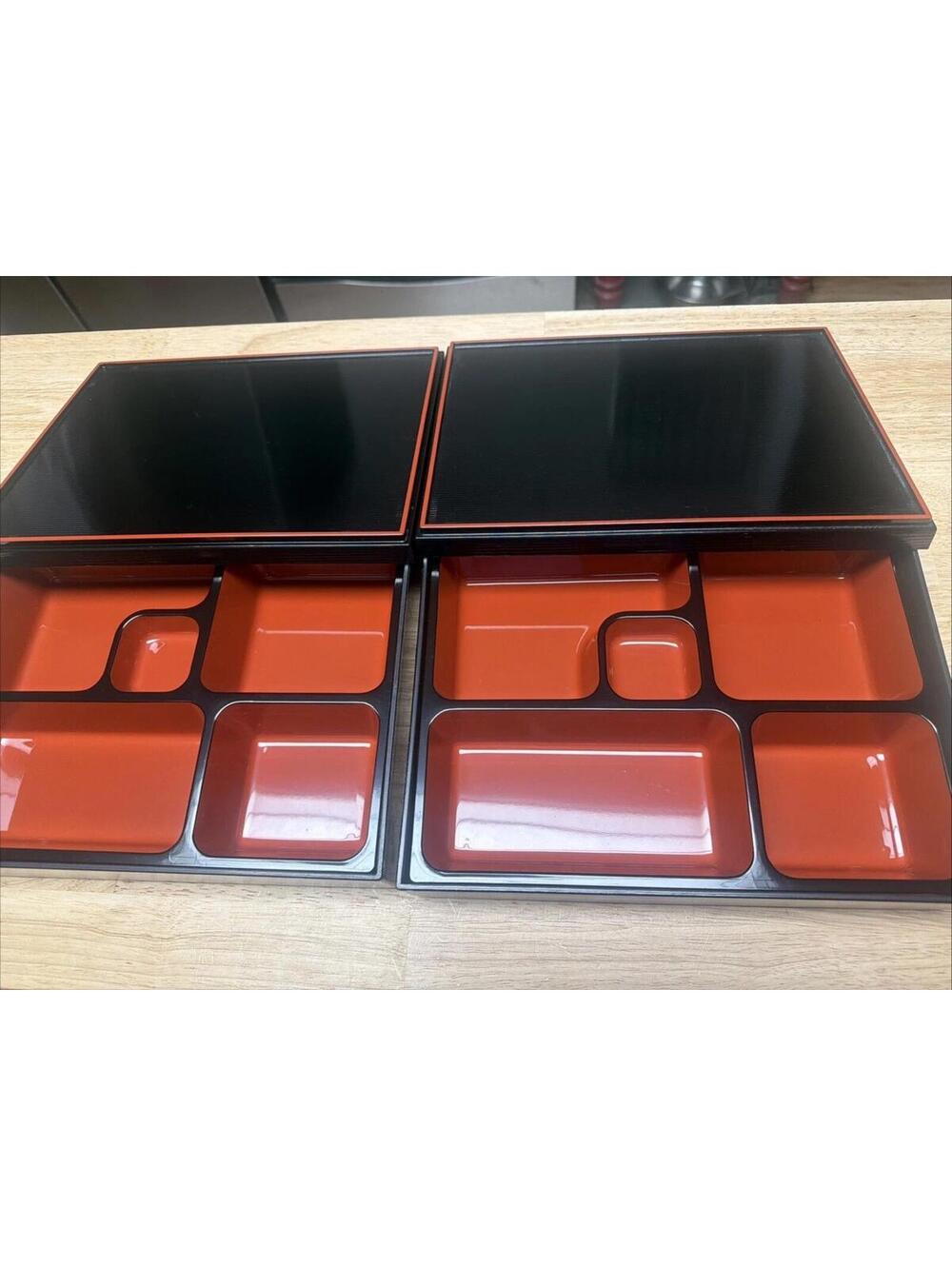 Lot Of 2 Bento Boxes Unused Vintage 3 Piece Dinner Boxes Black Orange Lacquered
